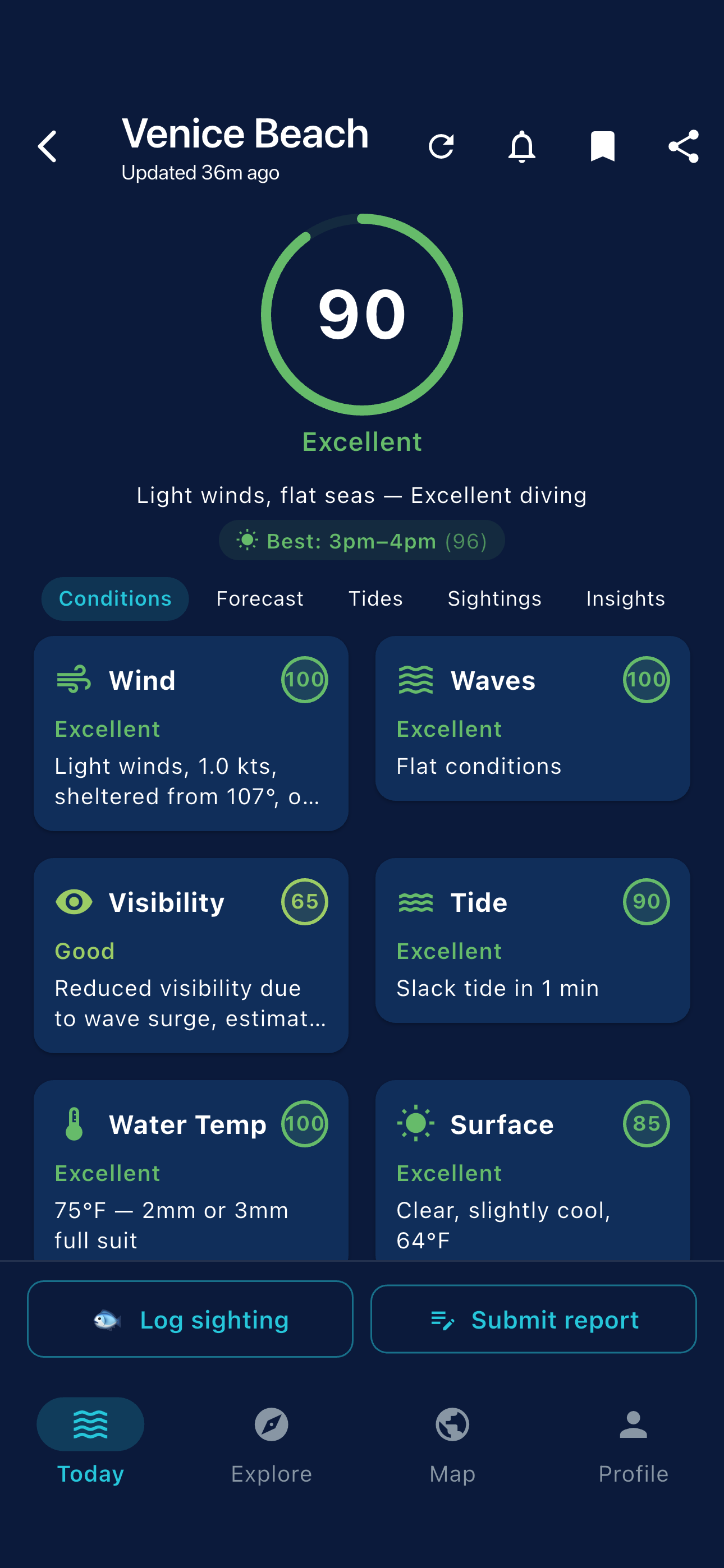 DiveSlate app showing a Dive-Ability Score with detailed condition breakdowns